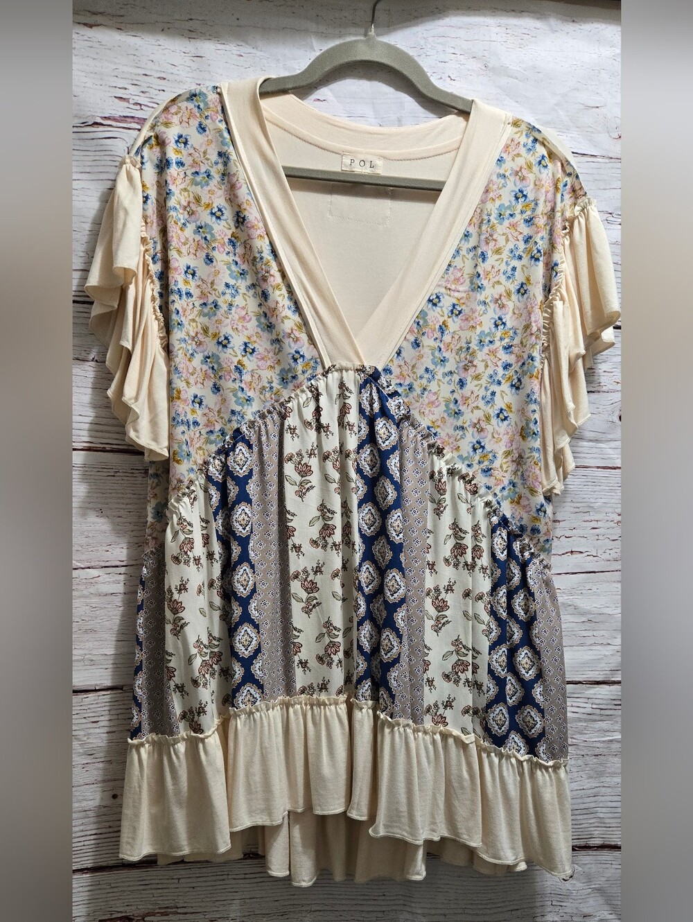 POL Cream Floral & Blue Patchwork V-Neck Ruffle Tunic